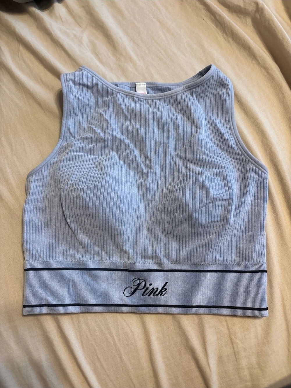 PINK Victoria's Secret Size XS Light Blue Ribbed High-Neck Crop Tank